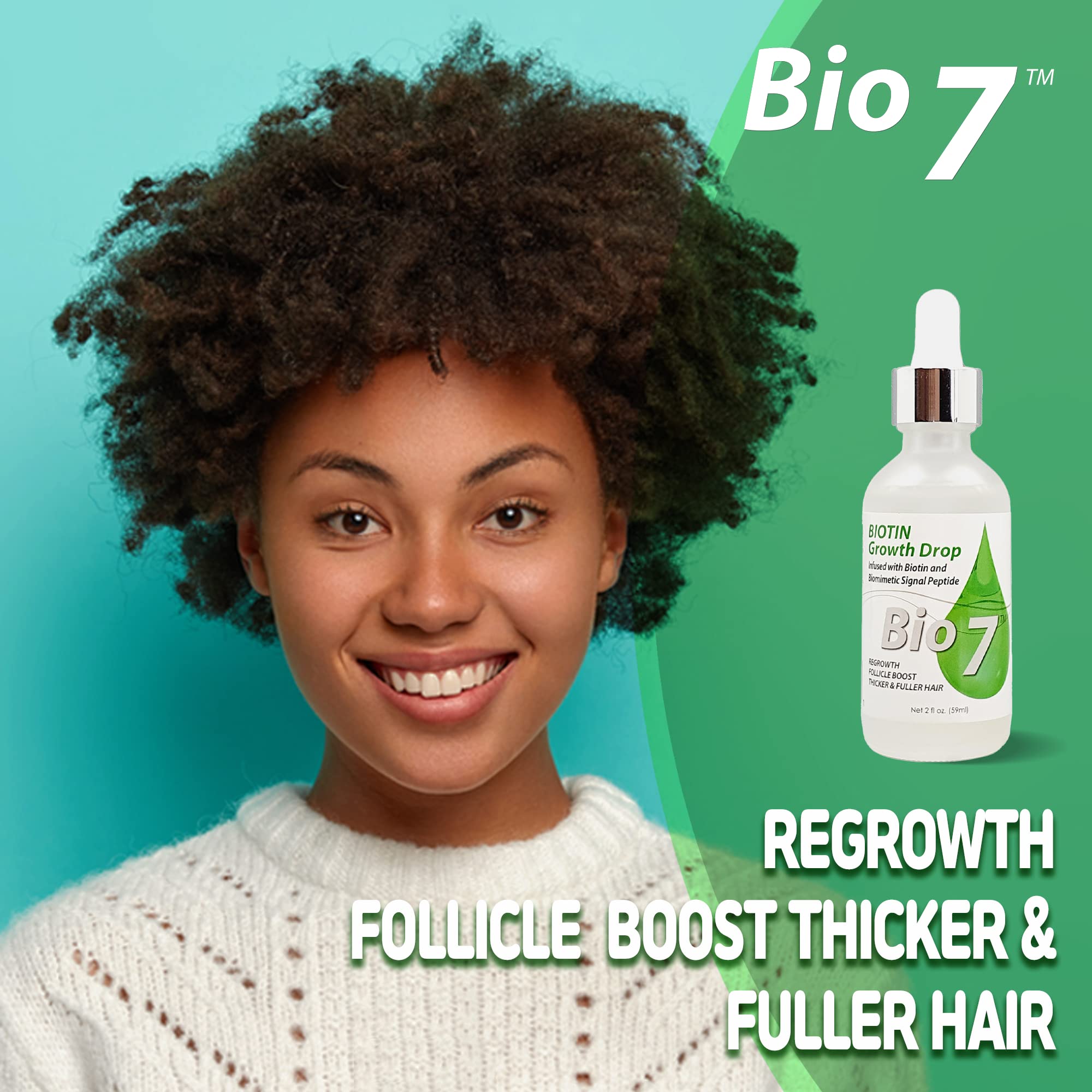 BIO7 BIOTIN GROWTH DROP INFUSED BIOMIMETIC SIGNAL PEPTIDE – 2 Fl Oz – Improve the Appearance of Hair Loss By Looking Visibly Longer, Thicker, Boost Follicle Growth – By Natures